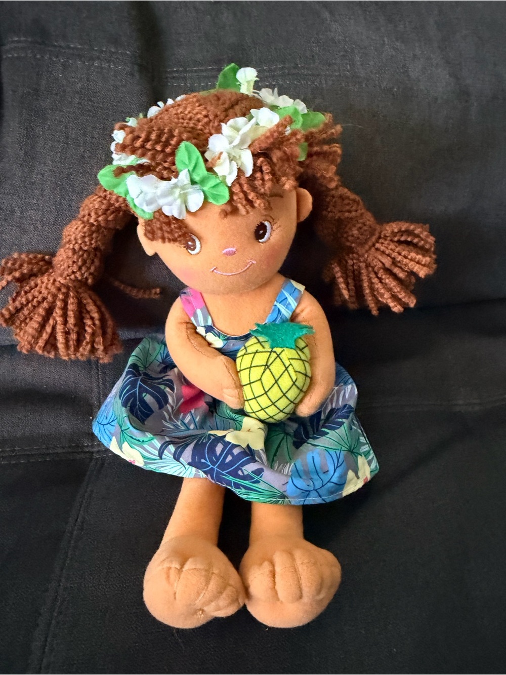 ALOHAS Brown-Haired Plush Girl Doll in Blue Tropical Dress with Yellow Pineapple